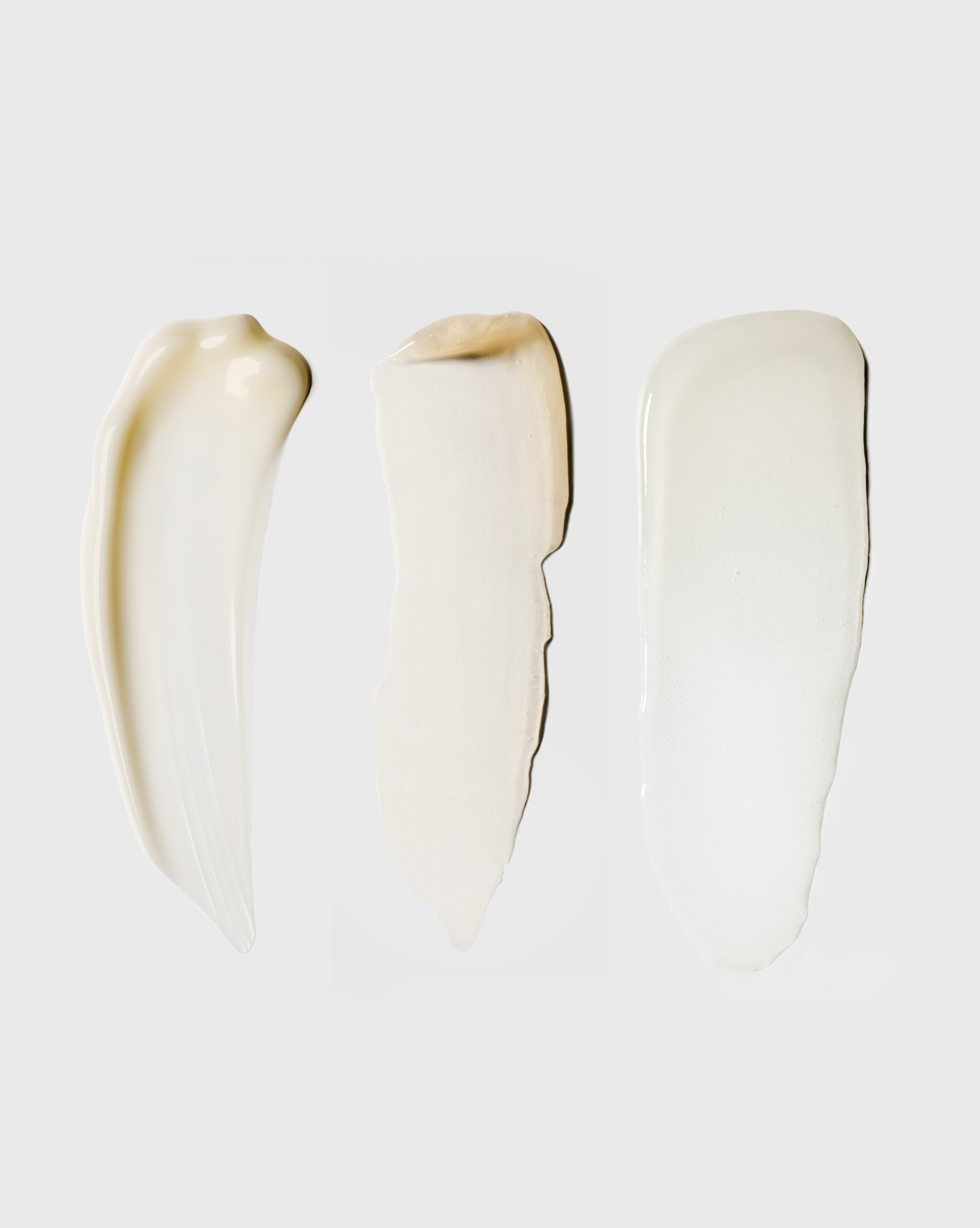 Texture swatches of facial serum in clear shade, wrinkle pen, and lip serum in clear shade