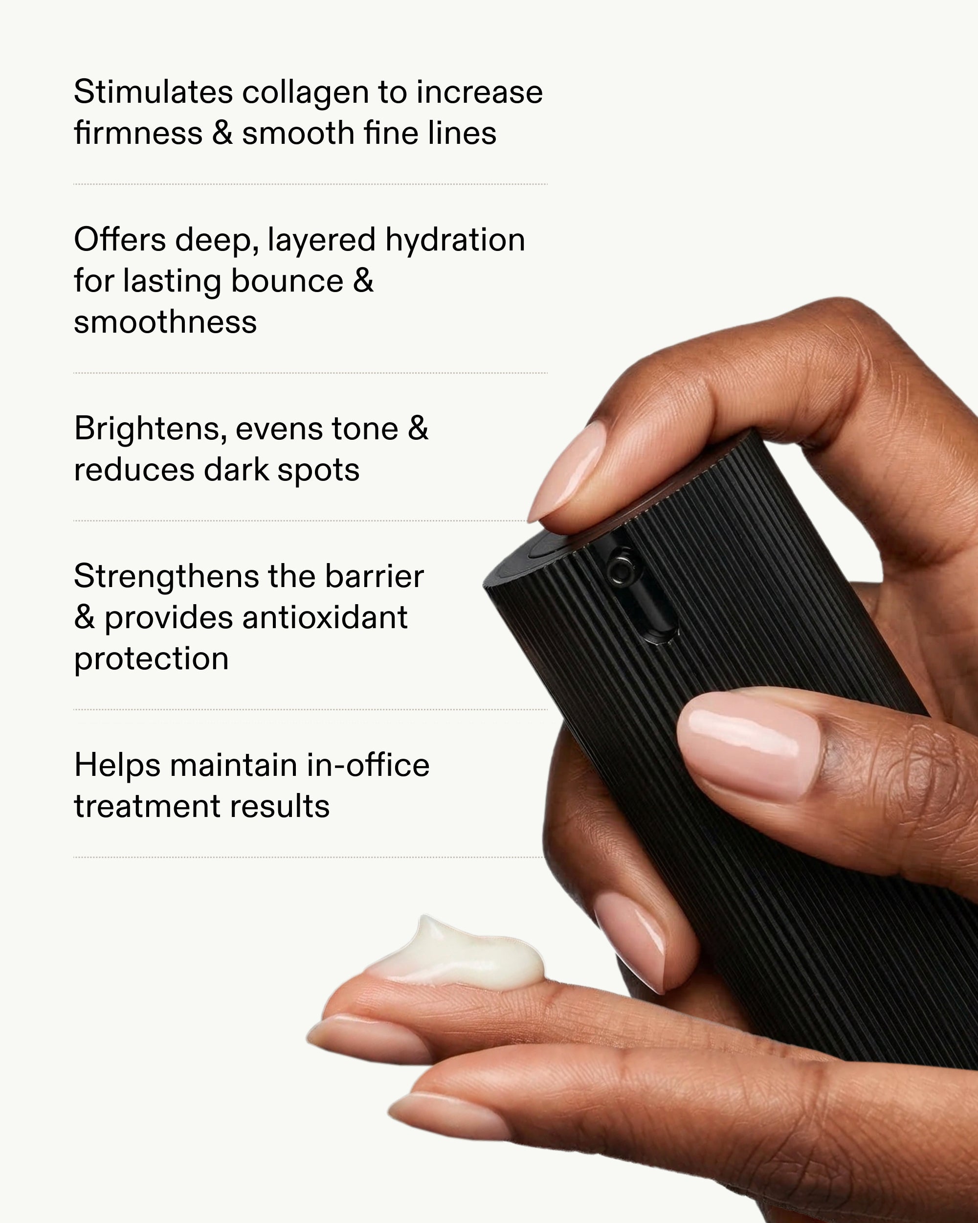 Hands dispensing Facial Serum with benefits: boosts collagen, deep hydration, brightens dark spots, antioxidant protection