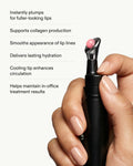 Hand holding Lip Serum with benefits: plumps for fuller lips, boosts collagen, smooths lip lines, hydrates with cooling tip