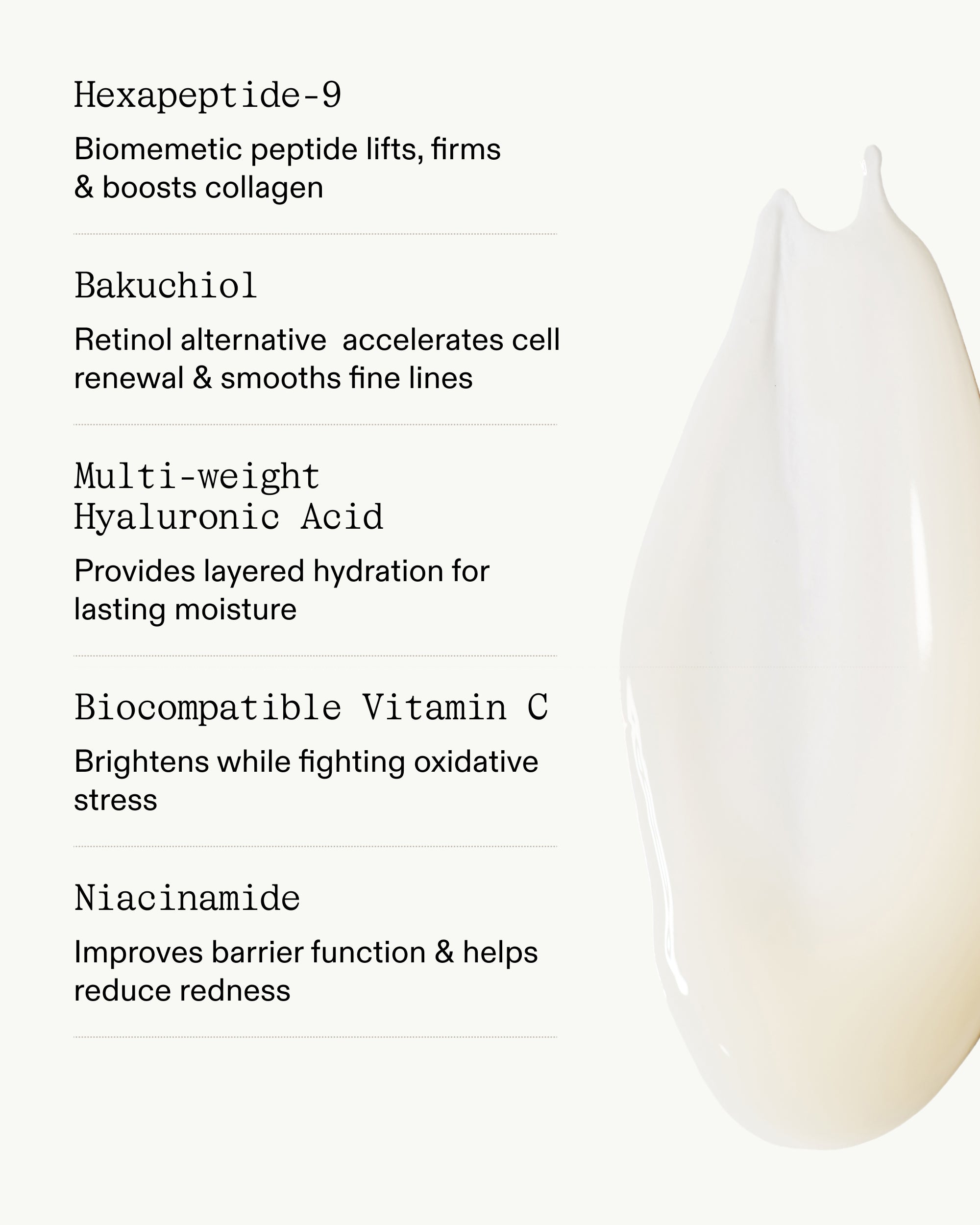 Facial Serum key ingredients — Hexapeptide-9, Bakuchiol, Hyaluronic Acid, Vitamin C, Niacinamide — with white serum swatch
