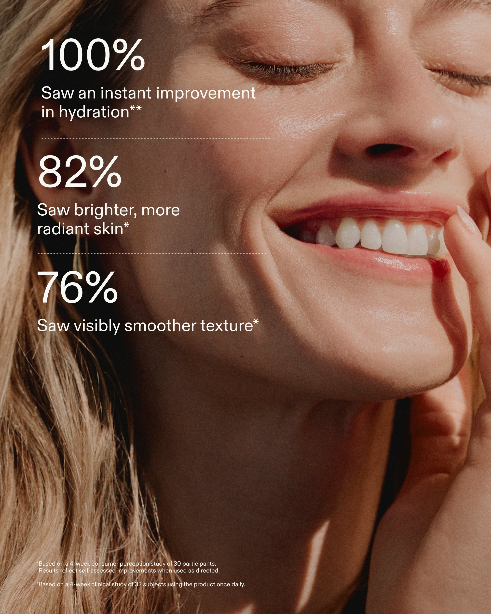 Smiling woman with glowing skin alongside Facial Serum clinical results: 100% instant hydration, 82% brighter skin, 76% smoother texture