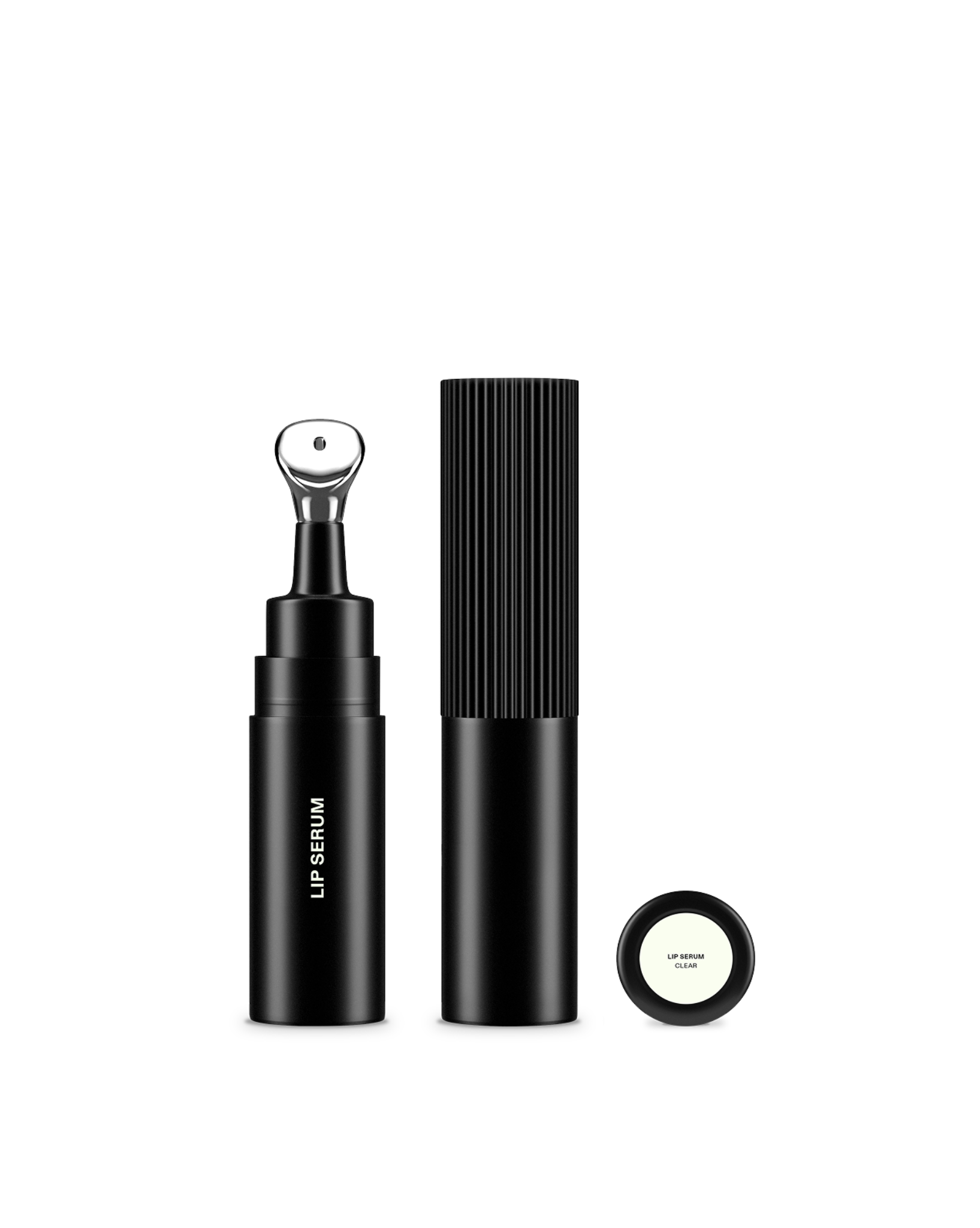 Lip serum applicator with zamac tip, black cap, and base label shown in clear shade