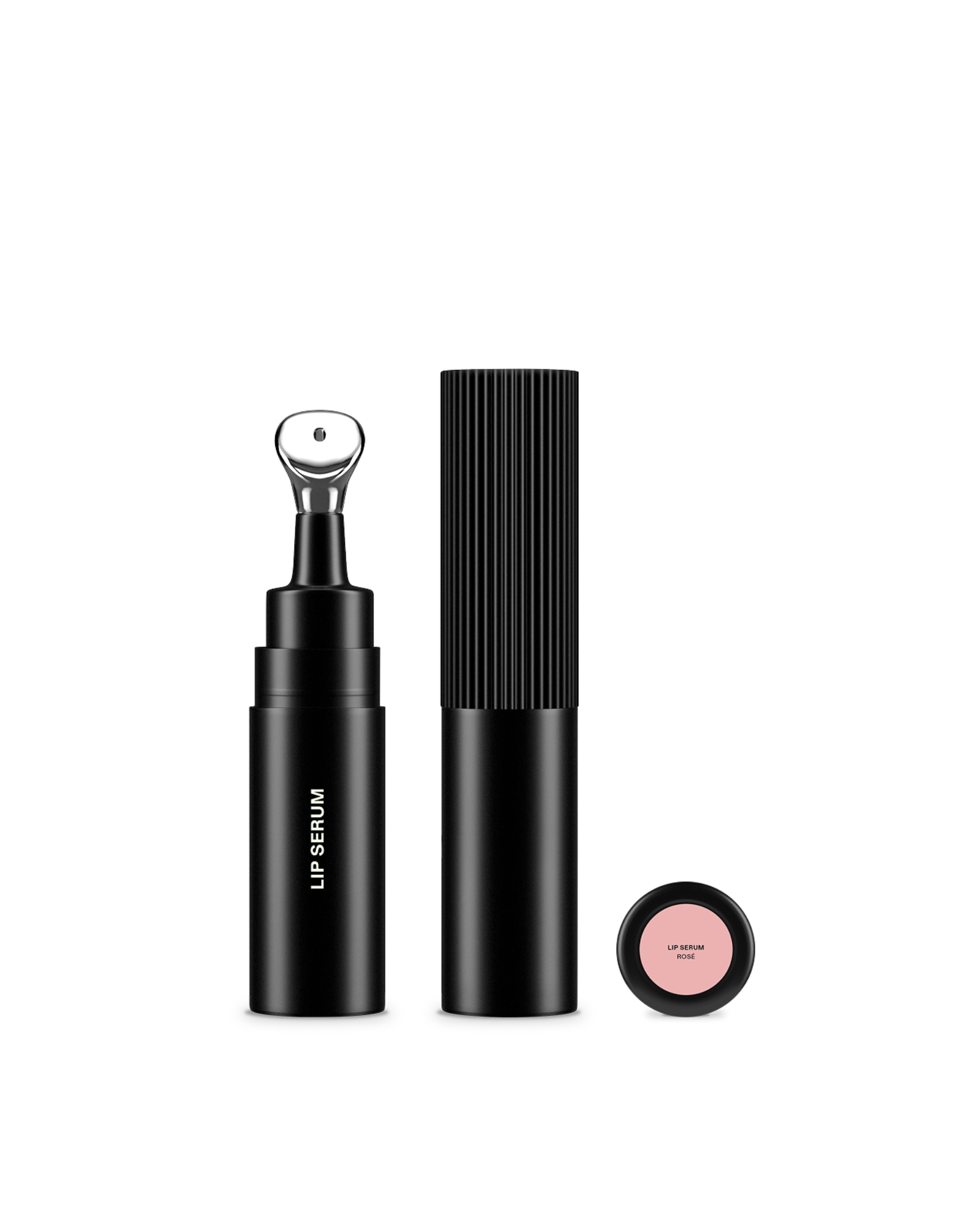 Lip serum applicator with zamac tip, black cap, and base label shown in rose shade