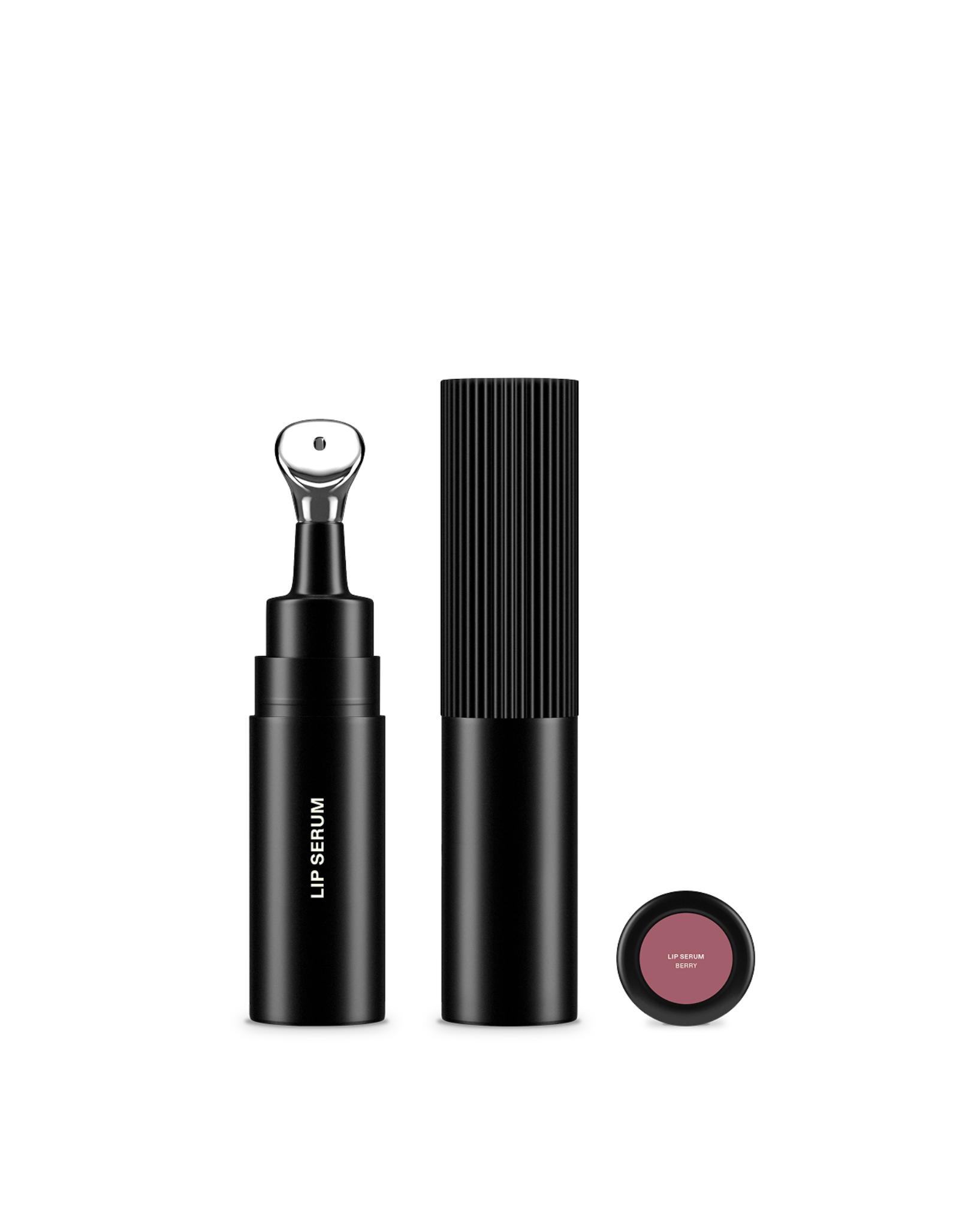 Lip serum applicator with zamac tip, black cap, and base label shown in berry shade