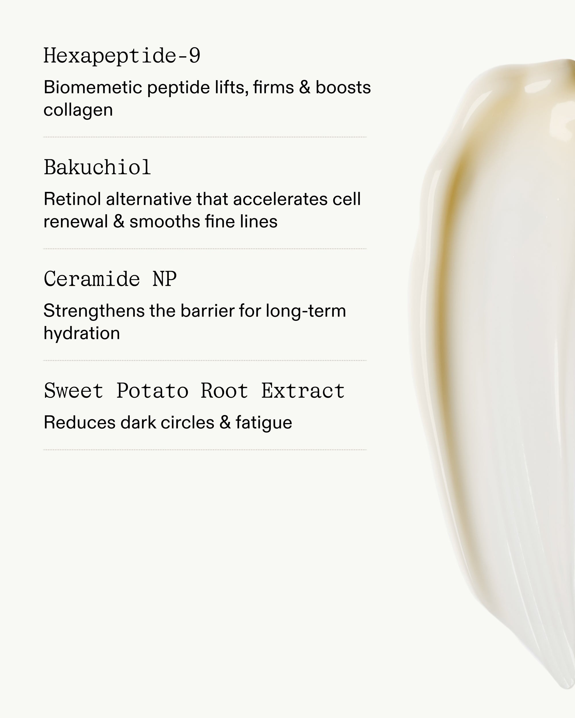 Wrinkle Pen key ingredients — Hexapeptide-9, Bakuchiol, Ceramide NP, Sweet Potato Root Extract — with cream swatch
