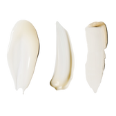 Three swatches side by side: Facial Serum cream, Wrinkle Pen cream and Lip Serum balm.