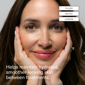 A smiling model with her hands framing her face, tagged Filler, Botox and Lasers, with the line: Helps maintain hydrated, smoother-looking skin between treatments.