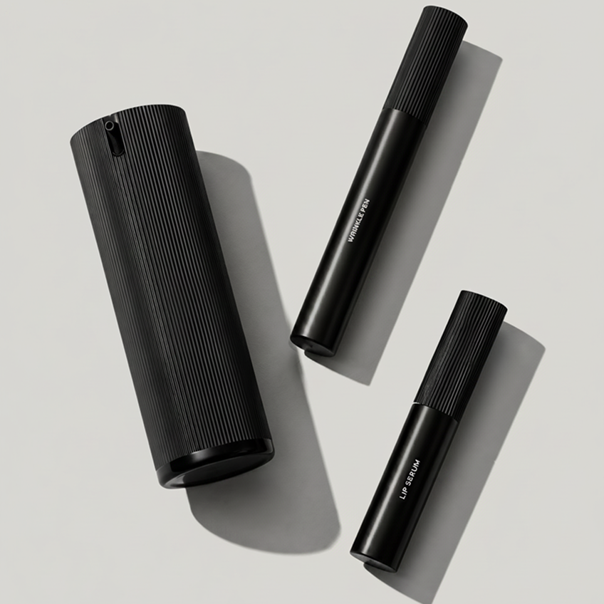Packshot of all three Essential Collection products — the ribbed Facial Serum bottle, Wrinkle Pen and Lip Serum — arranged on a plain warm-grey background with cast shadows