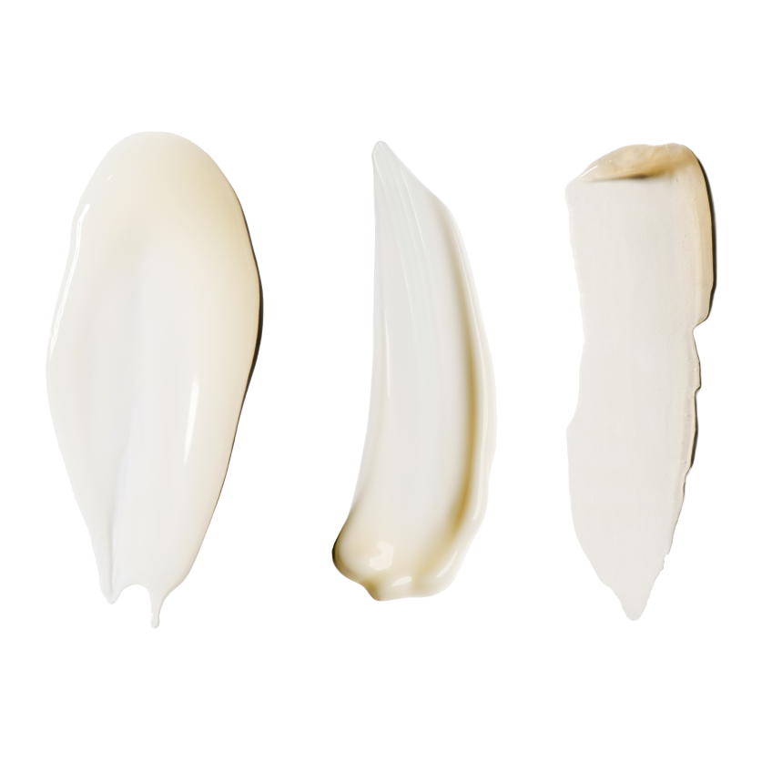 Three cream/serum swatches side by side on a pure white background, no packaging — one glossy fluid, one whipped balm, one thicker cream