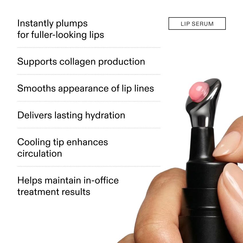 Benefit list beside a hand holding the Lip Serum with a pink product bead on its metal cooling applicator tip