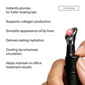 Benefit list beside a hand holding the Lip Serum with a pink product bead on its metal cooling applicator tip