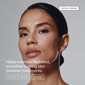 Three-quarter model portrait with a treatment line and FILLER / BOTOX / LASERS chips at the bottom
