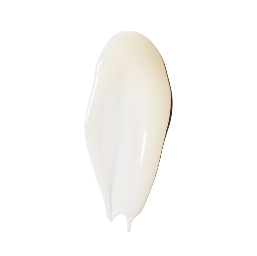 A single glossy off-white cream swatch, tapering to a drip at the bottom, on a pure white background with no packaging and no label