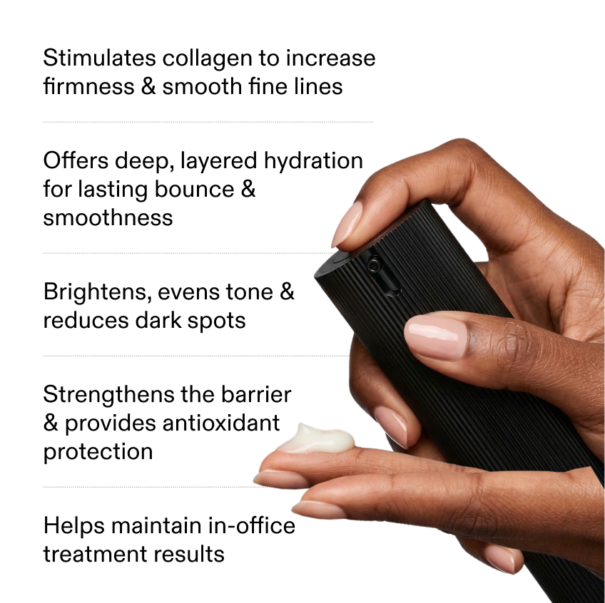 A five-item benefit list in black type on white at left, beside a photo of two hands holding the black bottle with a dot of cream on a fingertip
