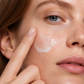 Extreme close-up of a freckled model's cheek with a white cream swatch on the skin, her index finger touching it