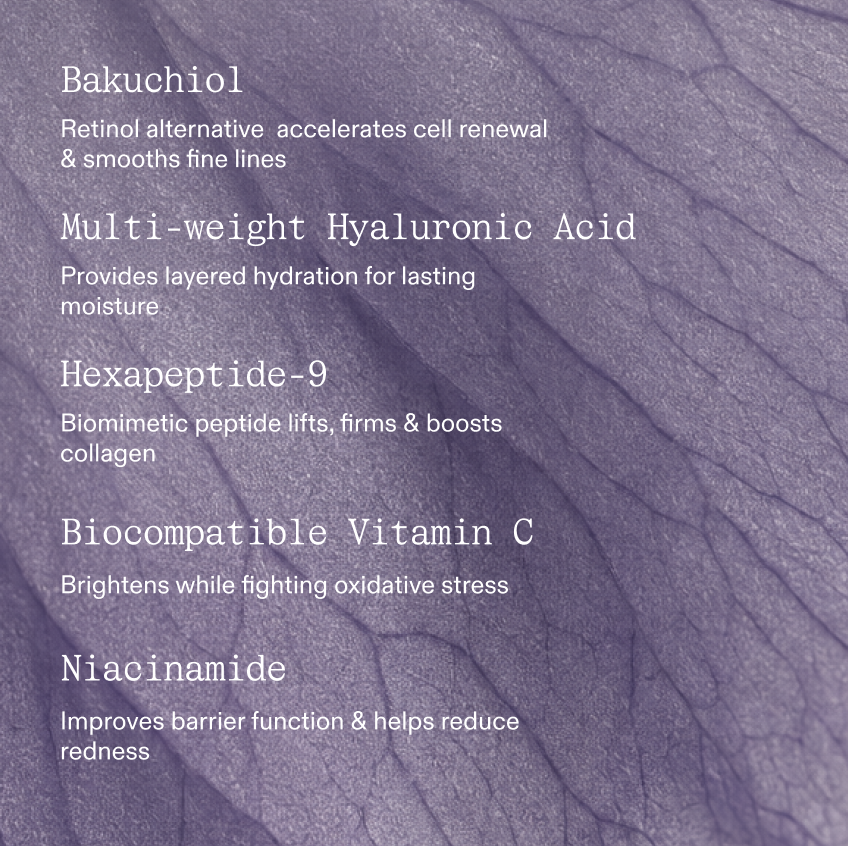 A five-ingredient list in white type over a purple botanical petal texture background