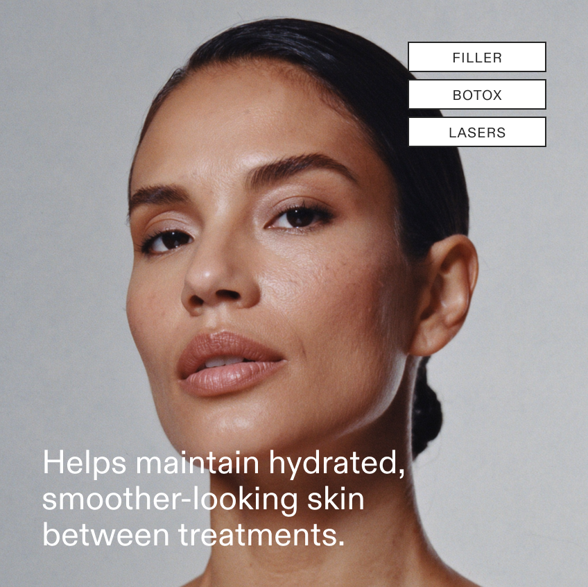 A model portrait on a grey background with FILLER / BOTOX / LASERS chips stacked top right and a treatment line in white type across the lower left