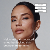 A model portrait on a grey background with FILLER / BOTOX / LASERS chips stacked top right and a treatment line in white type across the lower left