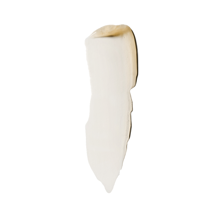A single vertical smear of pearly off-white balm on a pure white background, no packaging