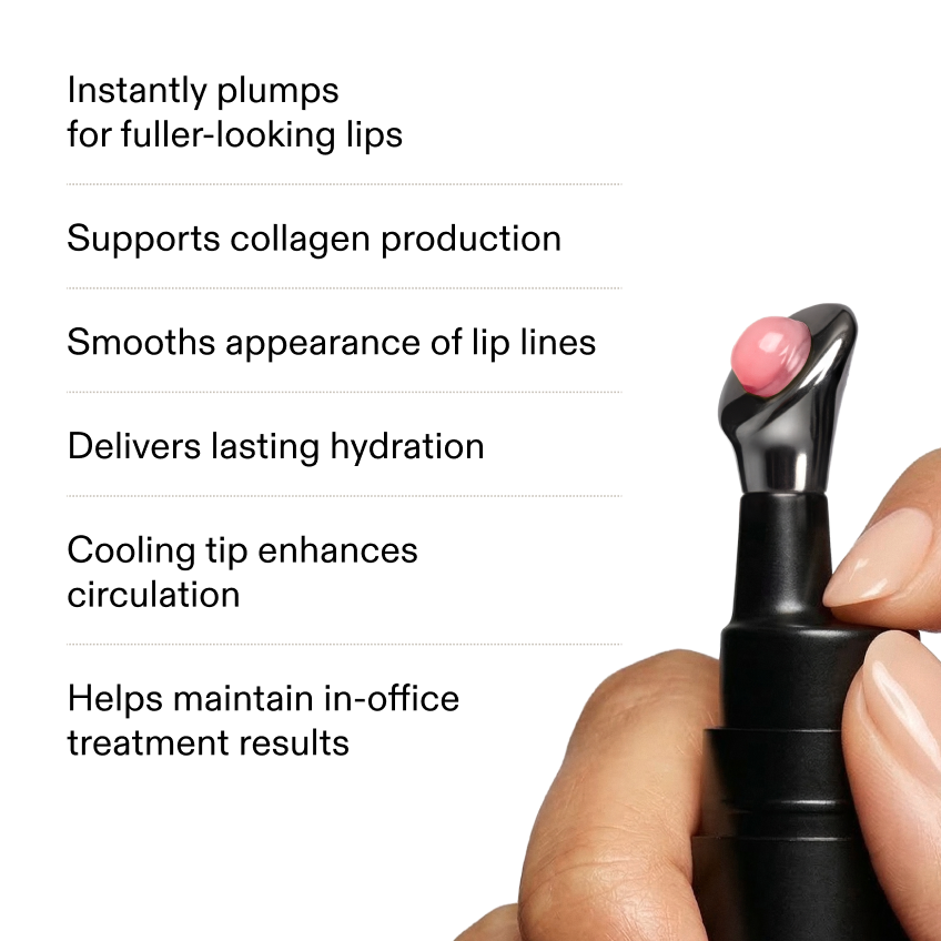 A six-item benefit list on white beside a hand holding the Lip Serum applicator with a pink bead of product on the metal tip