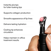 A six-item benefit list on white beside a hand holding the Lip Serum applicator with a pink bead of product on the metal tip