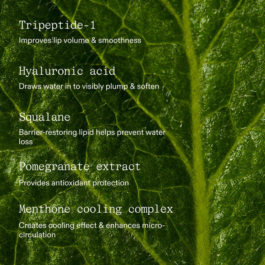 A five-ingredient list in white type set over a macro photograph of a backlit green leaf