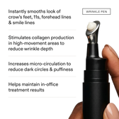 Benefit list in black text on white beside a hand holding the Wrinkle Pen with a dot of white cream on the metal applicator tip