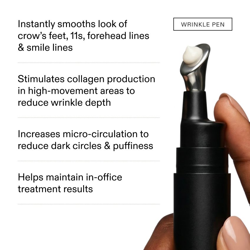 Benefit list in black text on white beside a hand holding the Wrinkle Pen with a dot of white cream on the metal applicator tip