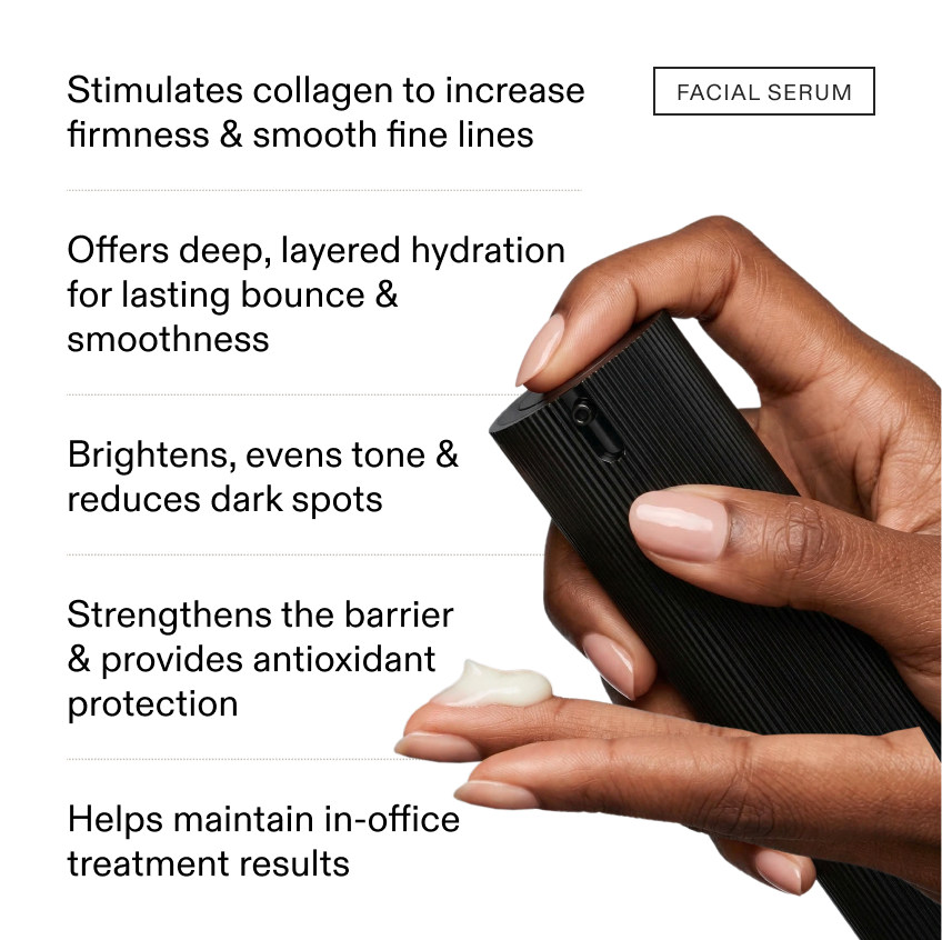 Benefit list in black text on white beside two hands holding the ribbed black Facial Serum bottle, with a dab of white cream on a fingertip