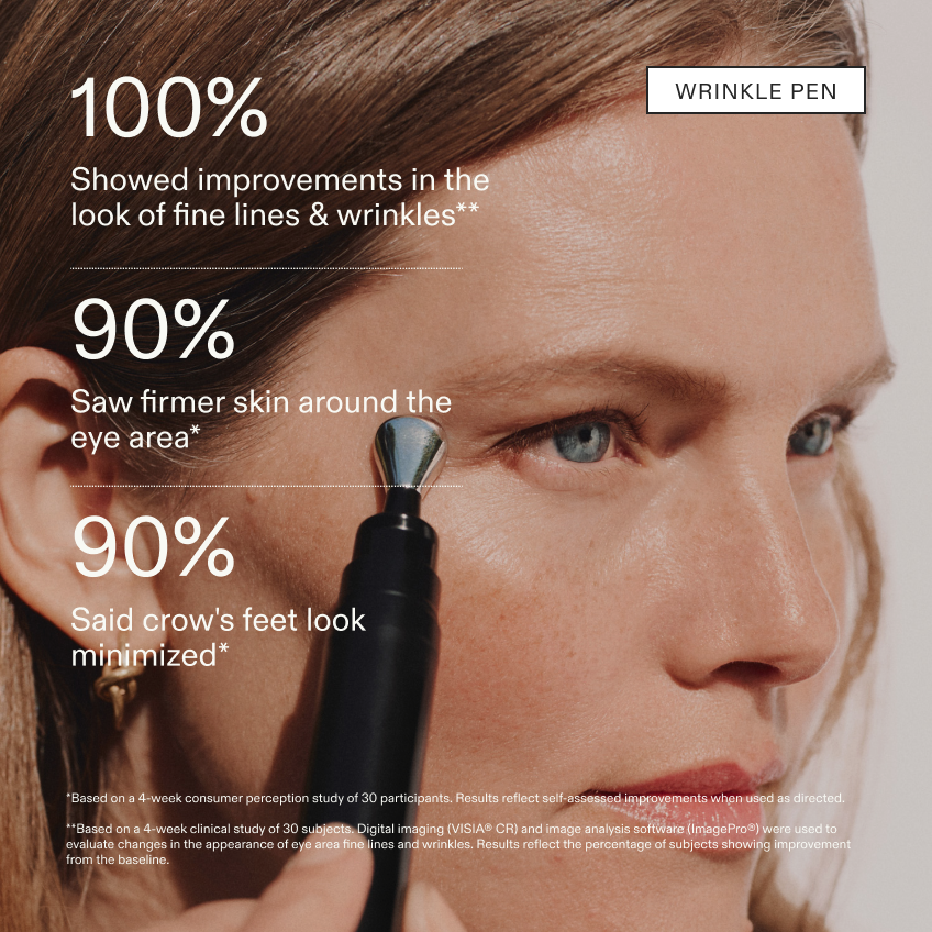 Clinical results card: large white percentage figures over a close-up of a model applying the Wrinkle Pen to her crow's feet area, with study footnotes at the bottom