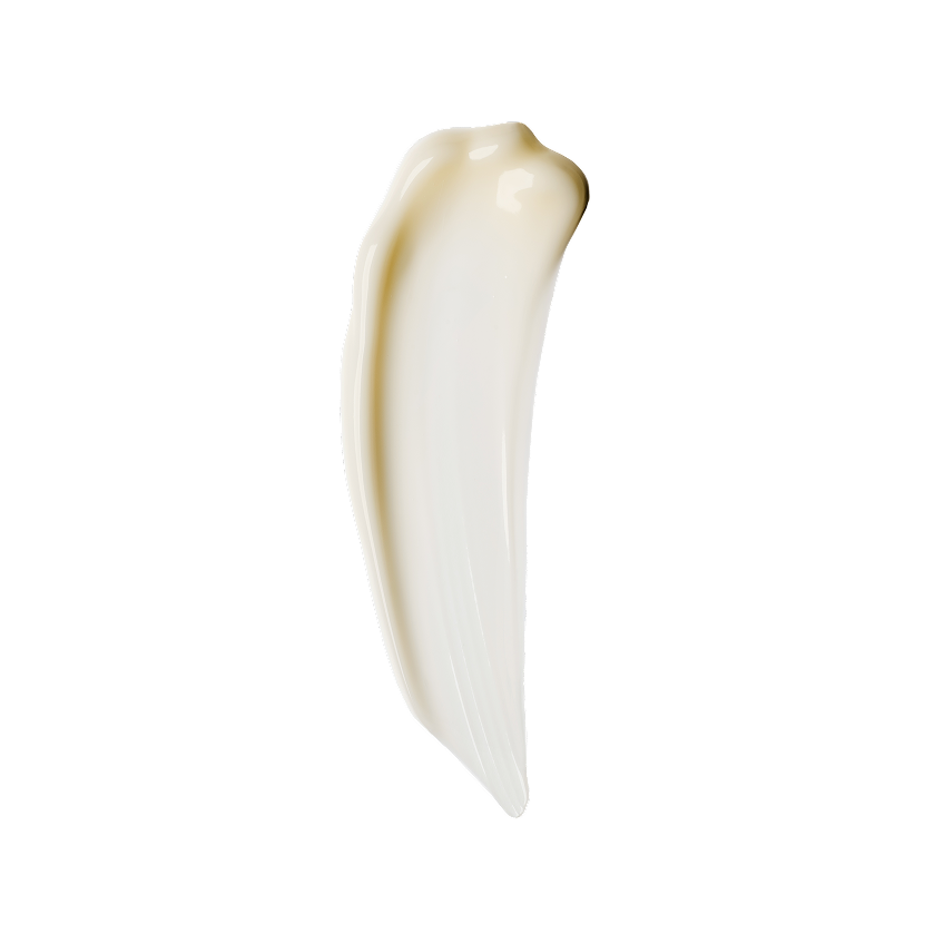 A single vertical swipe of off-white cream/balm texture on a pure white background, no packaging