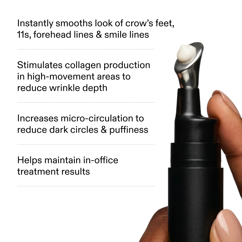 A four-item benefit list on white beside a hand holding the Wrinkle Pen with a bead of cream on the metal applicator