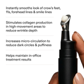 A four-item benefit list on white beside a hand holding the Wrinkle Pen with a bead of cream on the metal applicator