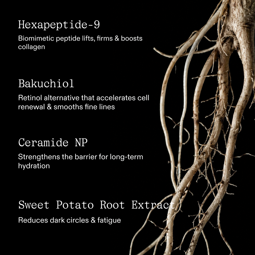 Four key ingredients listed in white type over a dark photo of pale botanical roots
