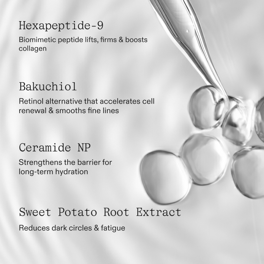 Key ingredients over a silver serum-droplet texture: Hexapeptide-9, a biomimetic peptide that lifts, firms and boosts collagen. Bakuchiol, a retinol alternative that accelerates cell renewal and smooths fine lines. Ceramide NP strengthens the barrier for long-term hydration. Sweet potato root extract reduces dark circles and fatigue.